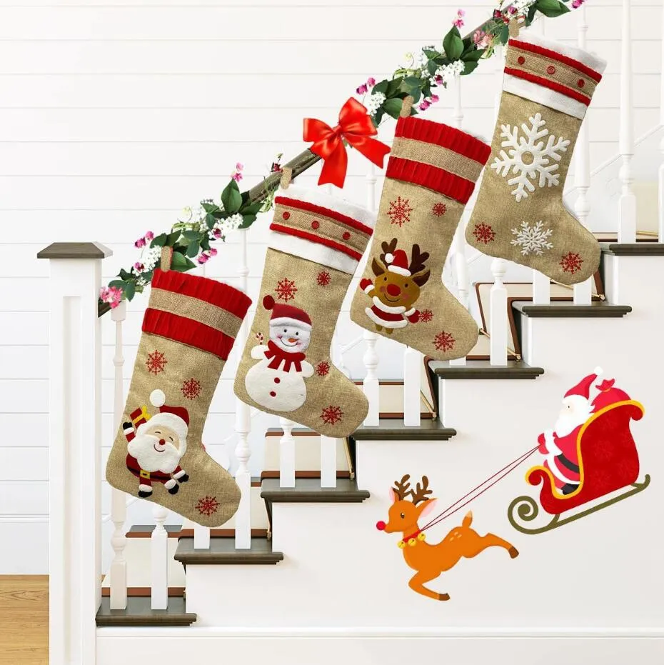 18.8inch Large Size Canvas Christmas Stocking Sack Xmas Gift Candy Bag New Year Christmas Decorations for Home Sock Christmas Tree Decor