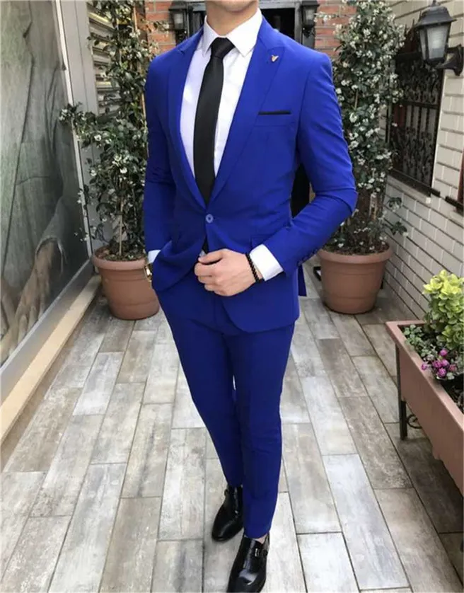 Модный Groomsmen Пик нагрудного Groom Tuxedos Royal Blue Мужские костюмы Свадебные / Пром / Dinner Best Man Blazer (куртка + штаны + Tie) K523