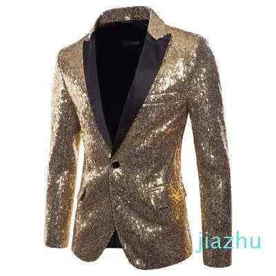 Hot koop heren glanzende gouden sequin glitter verfraaid blazer jas mannen nachtclub blazer bruiloft pak jas fase zangers kleding