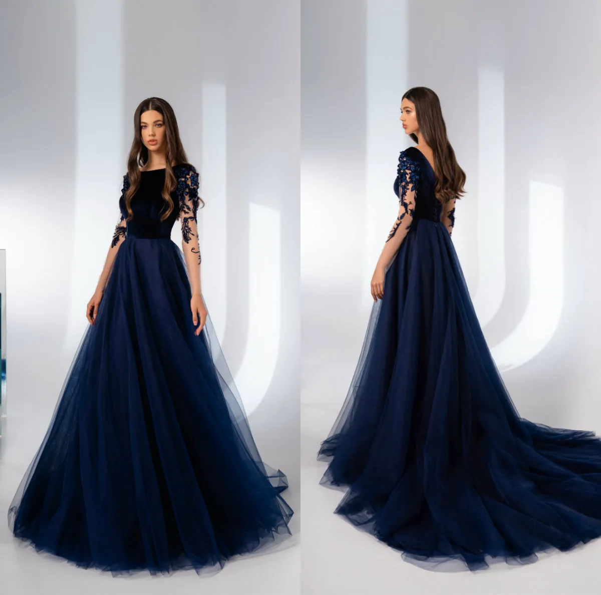 Eleganta kvällsklänningar Scoop Neck Långärmade Lace Appliques Prom Gowns 2021 Custom Made Sweep Train Special Occasion Dress