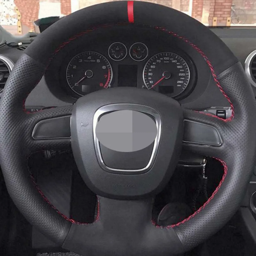 DIY Black Genuine Leather Suede Car Steering Wheel Cover for Audi A5 2008-2010 A3 8P 2008-2013 A6 C6 A4 B8 2008-20102517