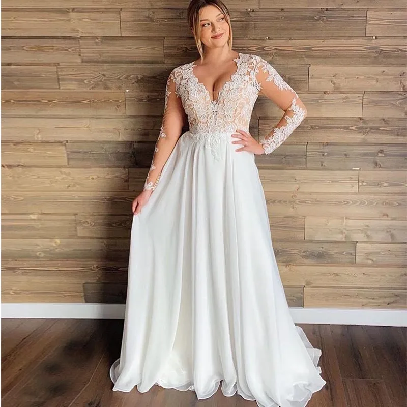 Plus la taille plage robe de mariée 2021 en mousseline de soie Appliques dentelle Boho robe de mariée Illusion manches longues pas cher de haute qualité robes de mariée