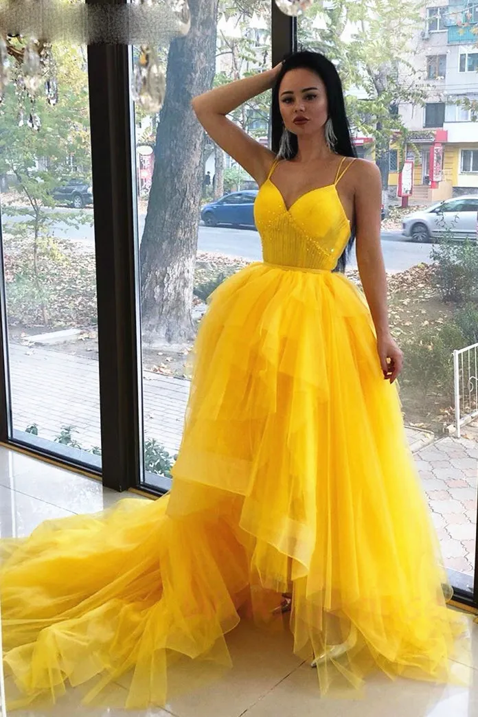 Élégantes robes de bal jaune doré perlées devant court long dos à plusieurs niveaux bretelles en tulle dos nu robe de soirée vestaglia donna