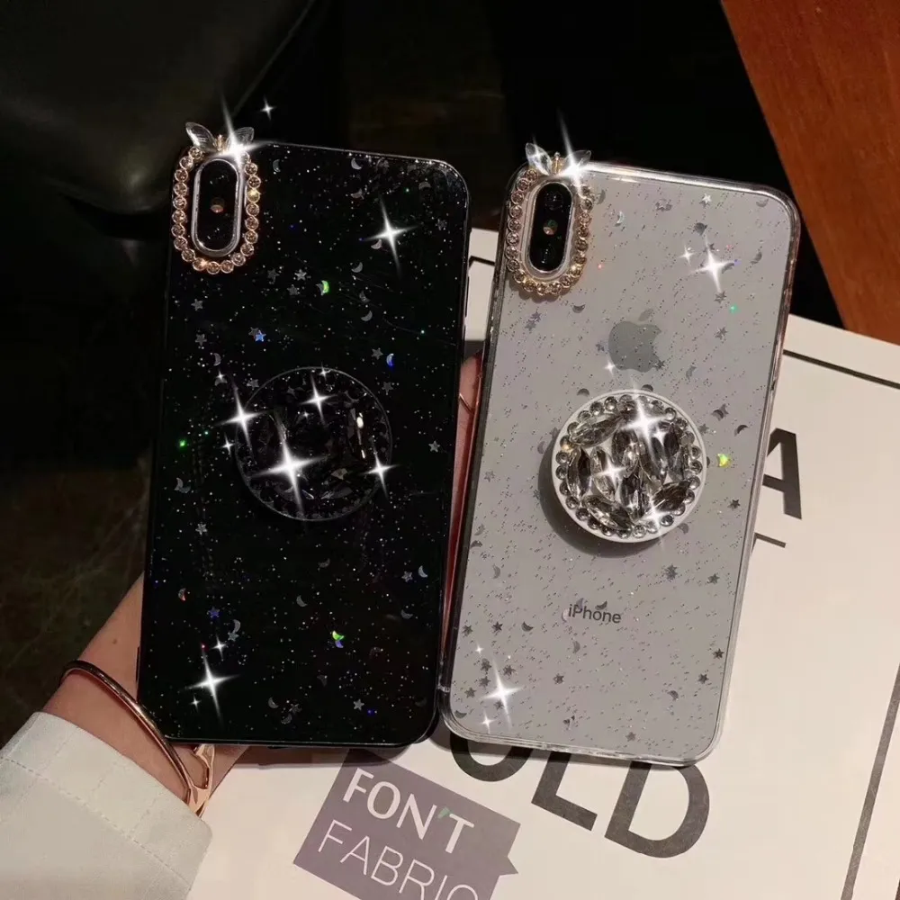 Luxury CZ Diamond Hold Soft TPU Transparent Capinha för iPhone XS Max 6 6s 7 8 Plus Glitter Love Heart Stars Telefonväska Coque