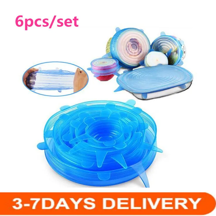 DHL Ship 6PCS/Set Silicone Stretch Suction Pot Lids Food Grade Fresh Keeping Wrap Seal Lid Pan Cover Nice Kitchen Accessories