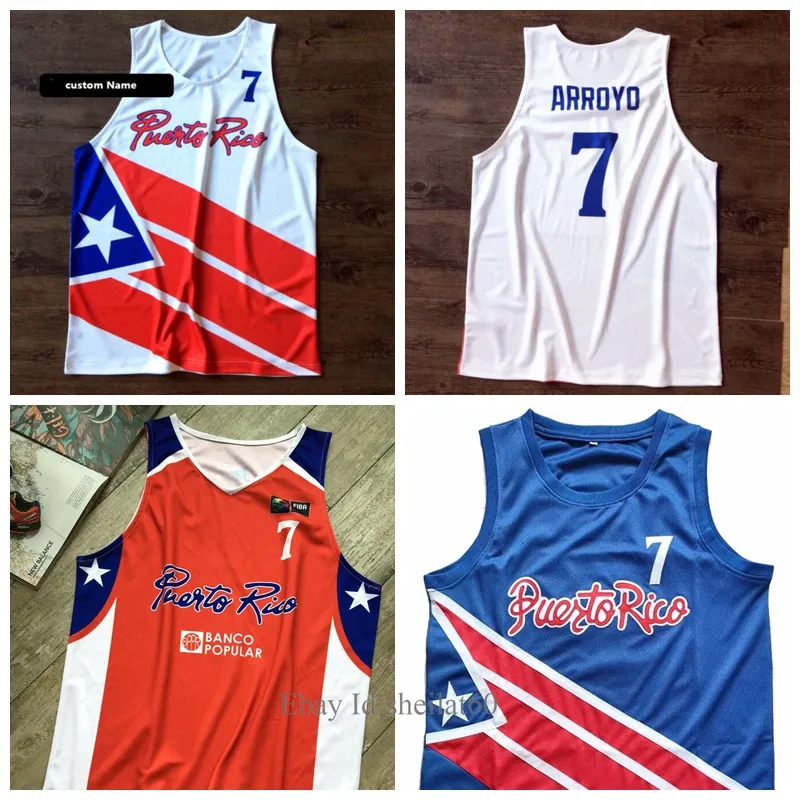 Niestandardowy Carlos Arroyo #7 Drużyna Puerto Rico Basketball Jersey Retro zszyta dowolną nazwę Rozmiar 2xS-3xl White Red Blue