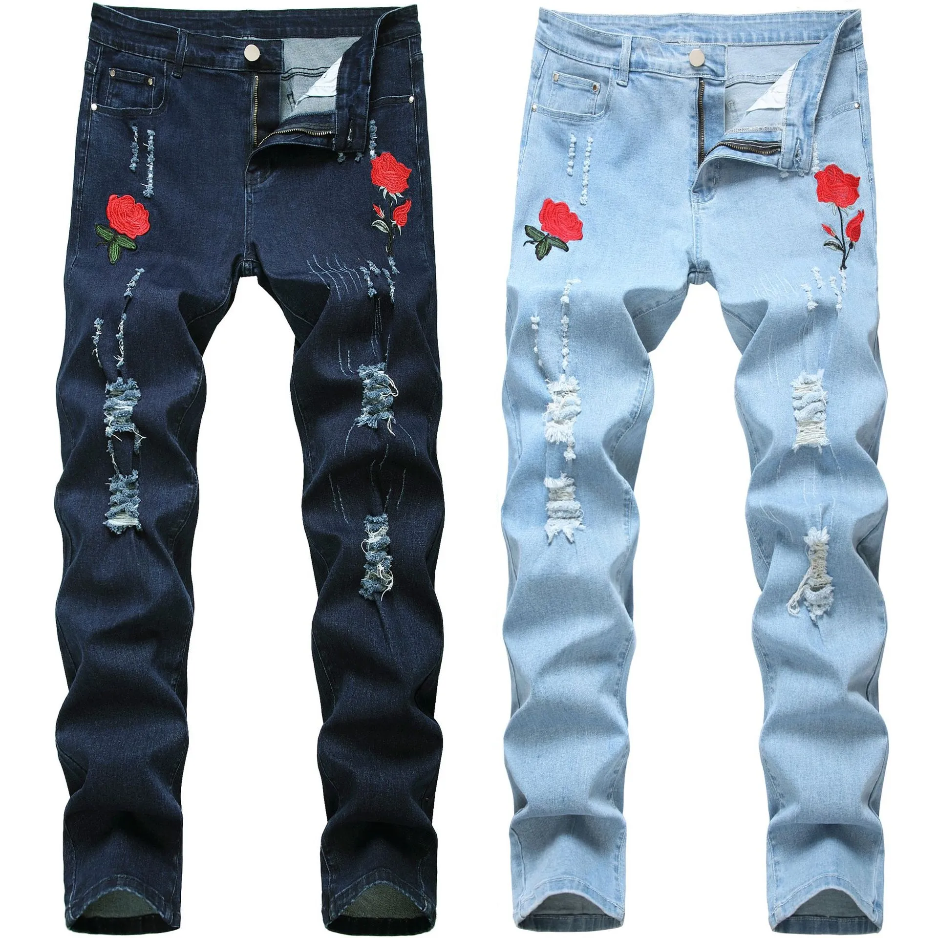 Herren Jeans Rose bestickt für Männer Designer Mode Skinny Bleistift Hosen Löcher Blau Denim Frühling Herbst