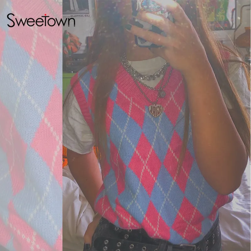 Sweetown Argyle Plaid Pink Sweet Strickpullover Weste weiblich Adrette Y2K Kleidung V-Ausschnitt Casual 90er Jahre Strickwaren Herbst Winter 200317M