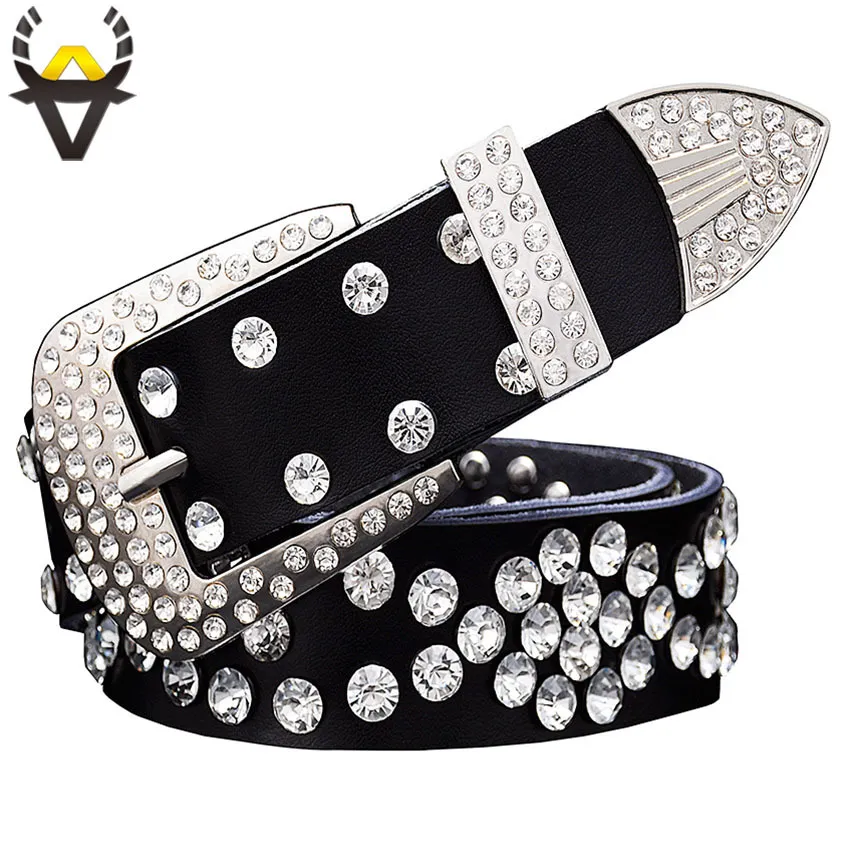 Mode Rhinestone Äkta läderbälten för kvinnor Unisex Waist Belt för män Kvalitet Andra lager Ko Hudband Bredd 3,3 cm Y200807