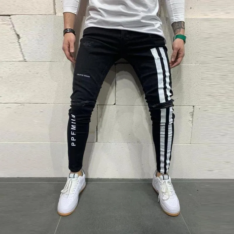 Trendiga män mager jeans cyklist förstörde frayed fit denim rippade denim byxor sidor rand blyerts byxor hip hop streetwear246o