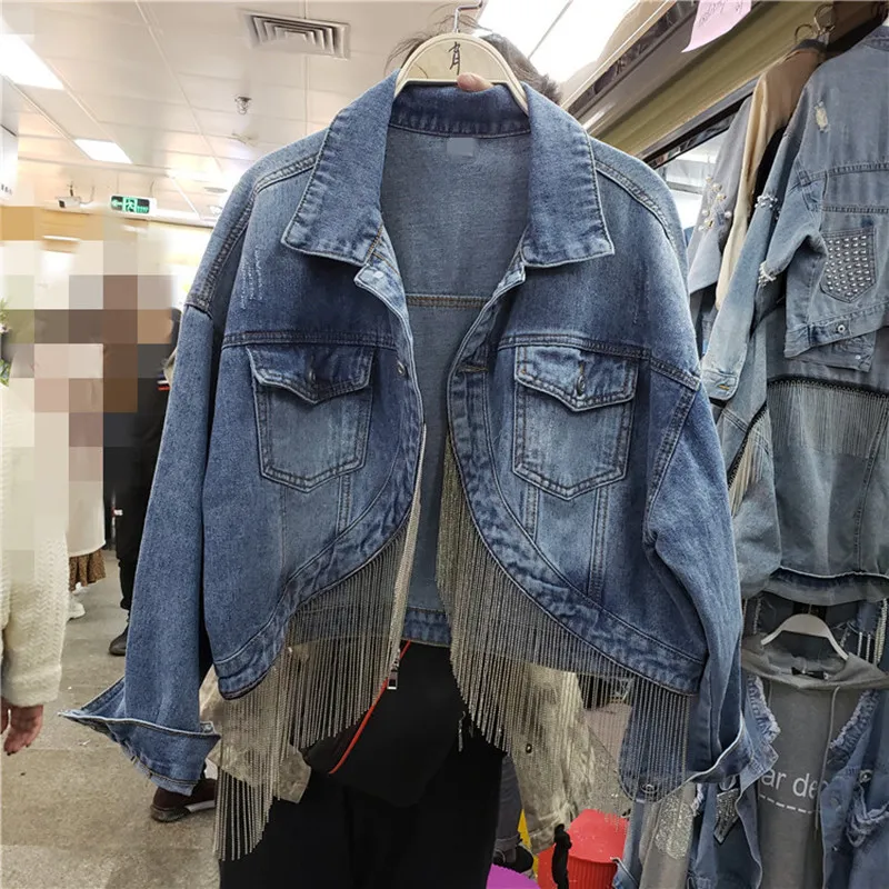 2020 Spring Autumn Fringed Chain Jeans Jacket Women Short Long Sleeve Denim Coats Girl Students Korean Loose Streetwear Overcoat