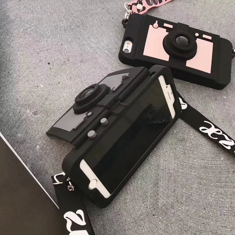 Custodia per fotocamera retrò 3D per iPhone 13 12 11 Pro MAX XR XSMAX Custodia per carte di credito per portafoglio moda Custodia morbida in silicone con cinturino per 11 7 8 Plus 13Pro
