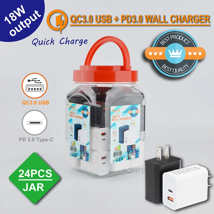 PD جدار شاحن ميناء نوع ج QC 3.0 شاحن USB سريع 18W مع ​​أعمال جرة بلاستيكية لجميع المتنقلة PD 3.0 و USB 3.0 جودة قسط