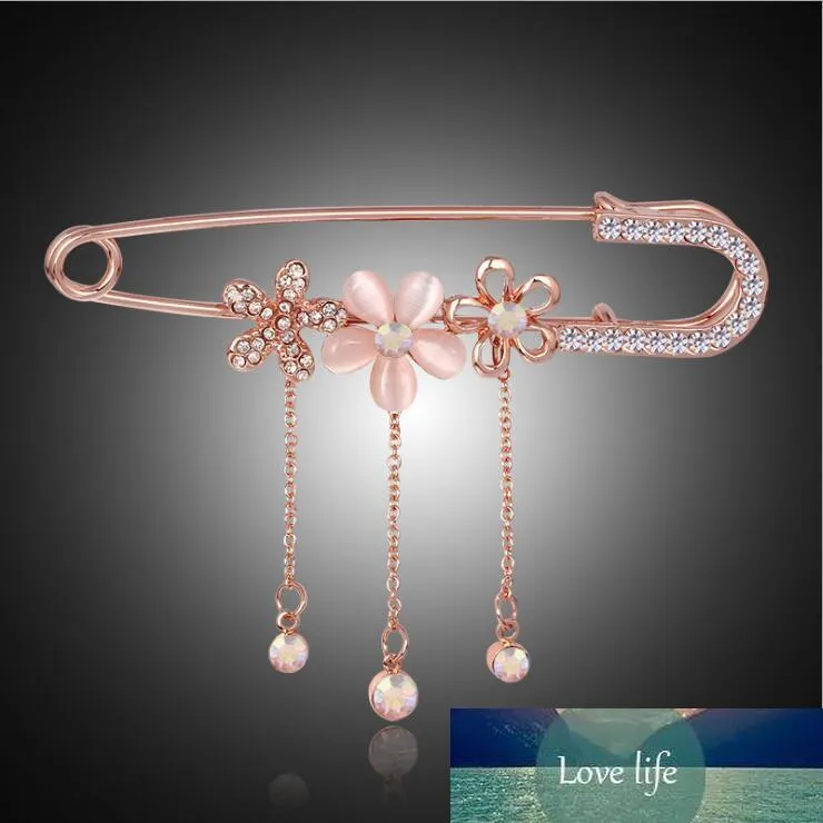 Rose Gold Plated Rhinestone Safety Pin Brooch For Mens Suit, Pink