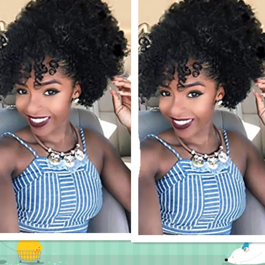 Afro Puff Bun With Bangs Ponytail Postiches Afro-Américain Court Afro Kinky Curly Brésilien Cordon Queue De Cheval Extension De Cheveux 100% HUMAIN