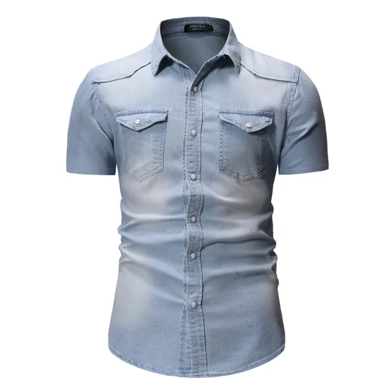 2020 صيف الدنيم قميص جديد الرجال جينز القطن قميص الأزياء النحيف الأكمام القصيرة رعاة البقر الذكور الذكور الجيش قمم أنيقة الحجم الآسيوي 3XL