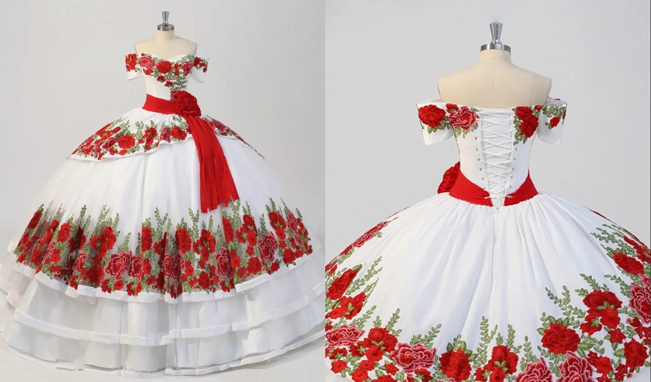 Flores floral de la manera 3D Blanco Rojo balón vestido de Quinceañera  vestidos de baile del