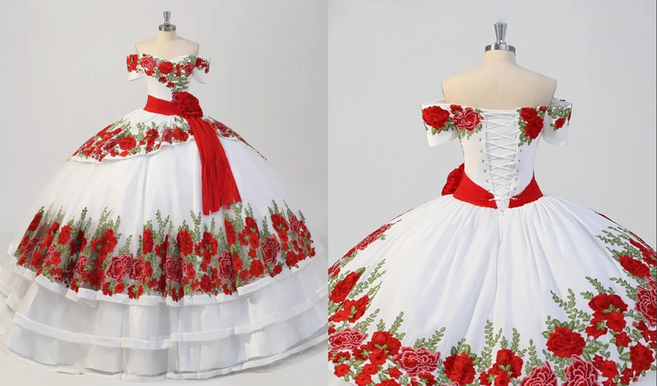 Flores floral de la manera 3D Blanco Rojo balón vestido de Quinceañera vestidos de baile del Flores floral de la manera 3D Blanco Rojo balón vestido de Quinceañera vestidos de baile del