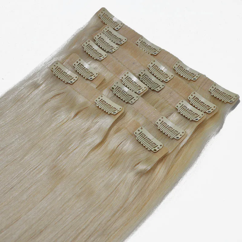 Blonde kleur 60 # Braziliaanse haar PU WEFTS Naadloze Clip in 150G Set Straight Menselijke Remy Hair Extension