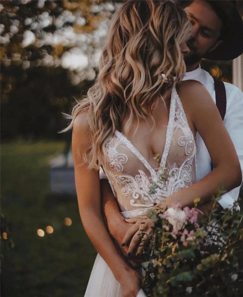 Abito Da Sposa Boho Beach Con Collo A V Profondo Perle Di Pizzo Tulle Treno Spazzato Aprile Abito Da Sposa 2024 Da 107 71 DHgate