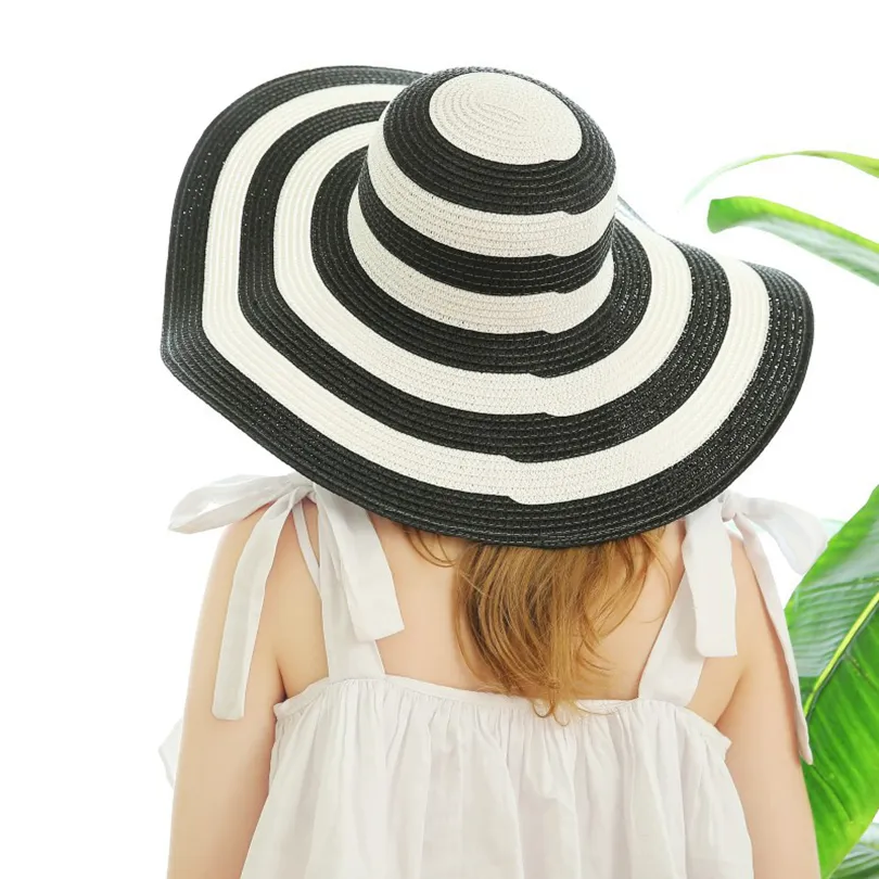 Striped Straw Floppy Hat Oversized Women Straw Brimmed Hat Girl