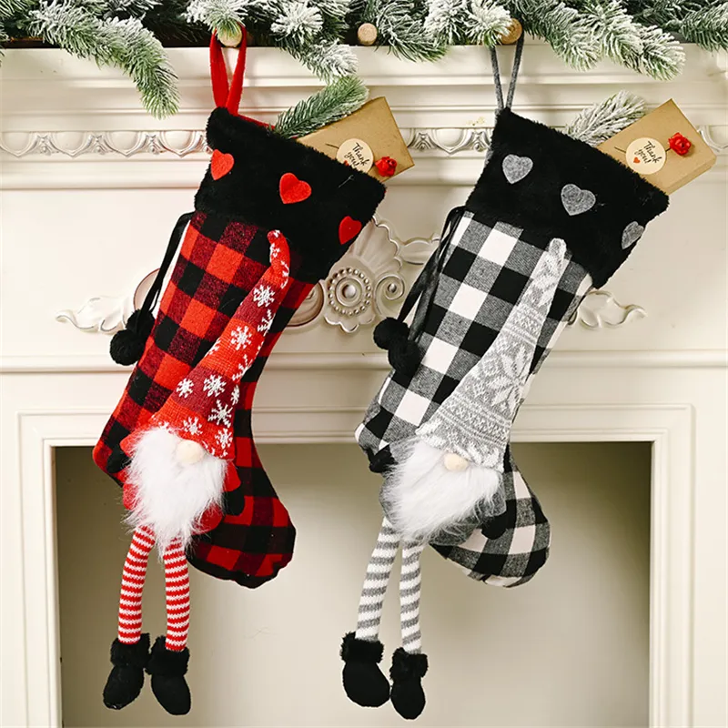 Medias de Navidad a cuadros de búfalo sueco Santa Gnomo calcetín de Navidad chimenea decoraciones colgantes bolsa de regalo para niños JK2008PH