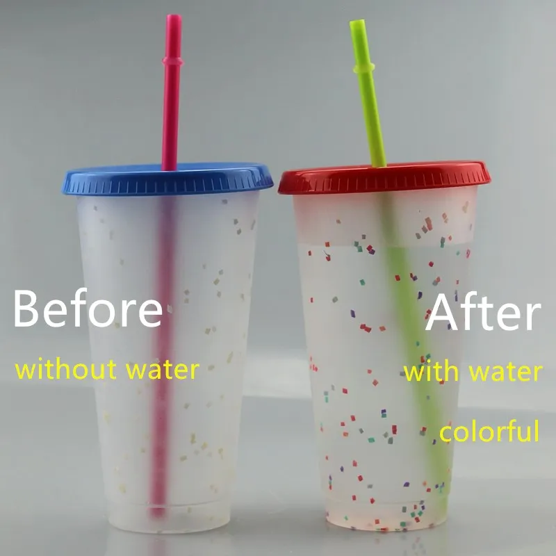 710mlの色の変化Cupthermochromicカップのプラスチックの飲酒タンブラーの色の変化Ppが付いている蓋とストロー5個/セット混合カラー船