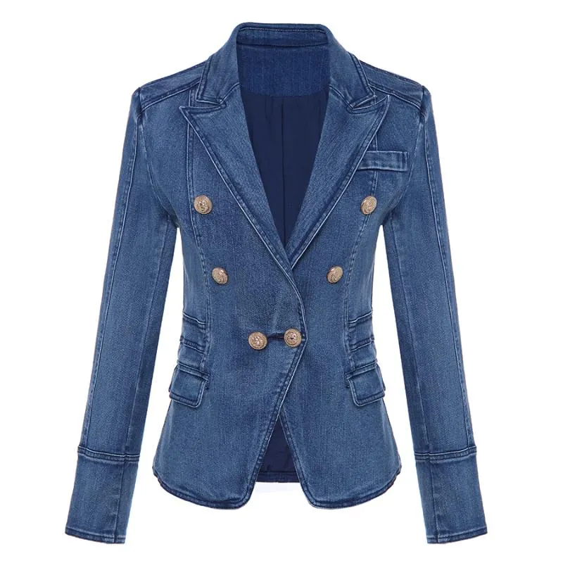 Fashion Designer Blazer Women's Metal Lion Buttons Double Breasted Denim Blazers Jacket Outer Coat