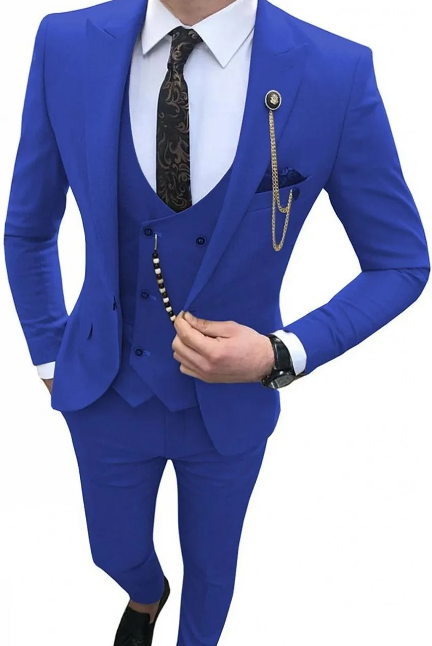 Mode Royal Blue Groom Tuxedos Peak Lapel Groomsman Bröllop Tuxedos Men Prom Jacka Blazer 3 Piece Suit (Jacka + Byxor + Tie + Vest) 32
