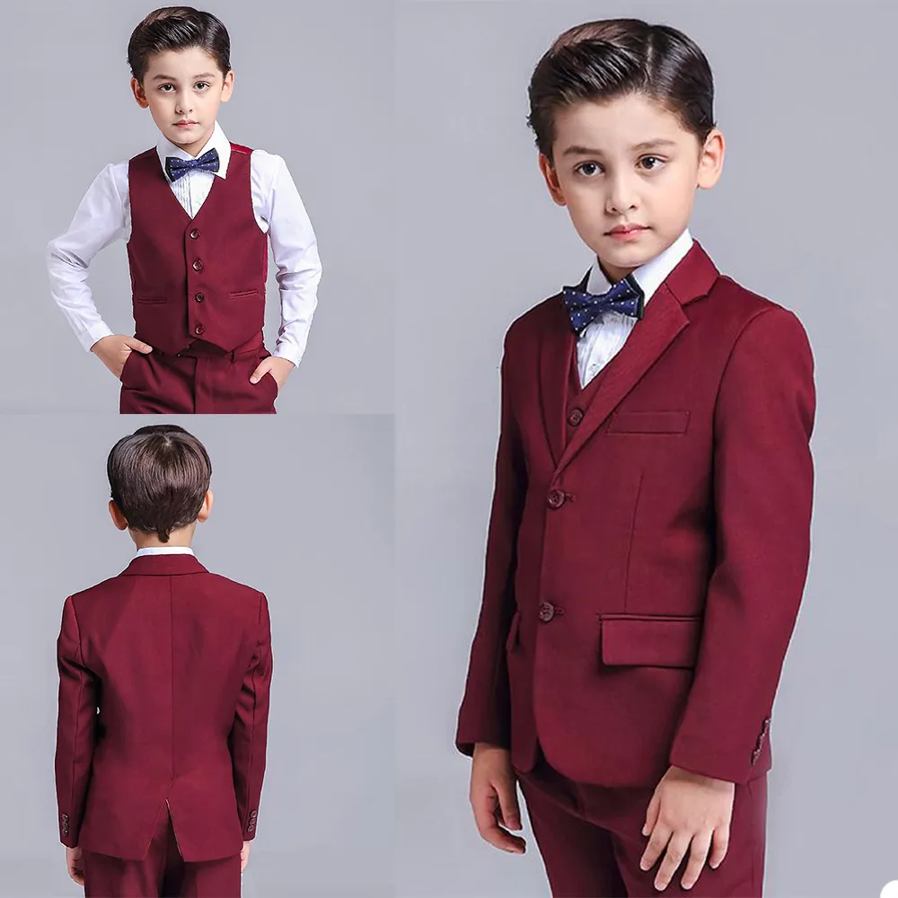 2021 Burgundia Boys Formalne Garnitury Dinner Tuxedos Little Boy Groomsmen Dzieci Dzieci na Wedding Party Prom Siatek Wear (Kurtki + kamizelki + spodnie)