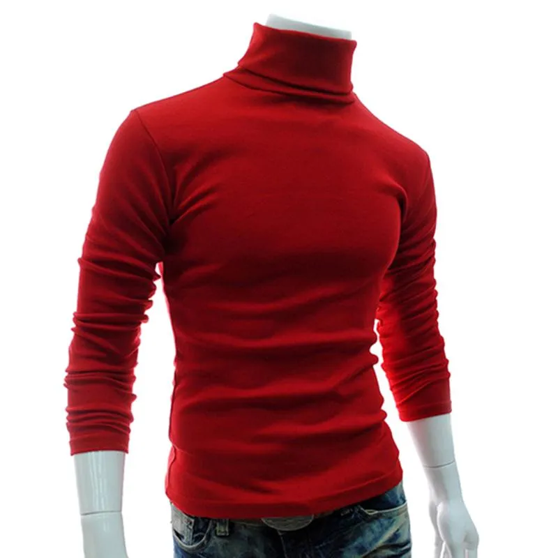 Autumn Men Solid Color Turtle Neck Long Sleeve Sweater Slim Knitted Pullover Top