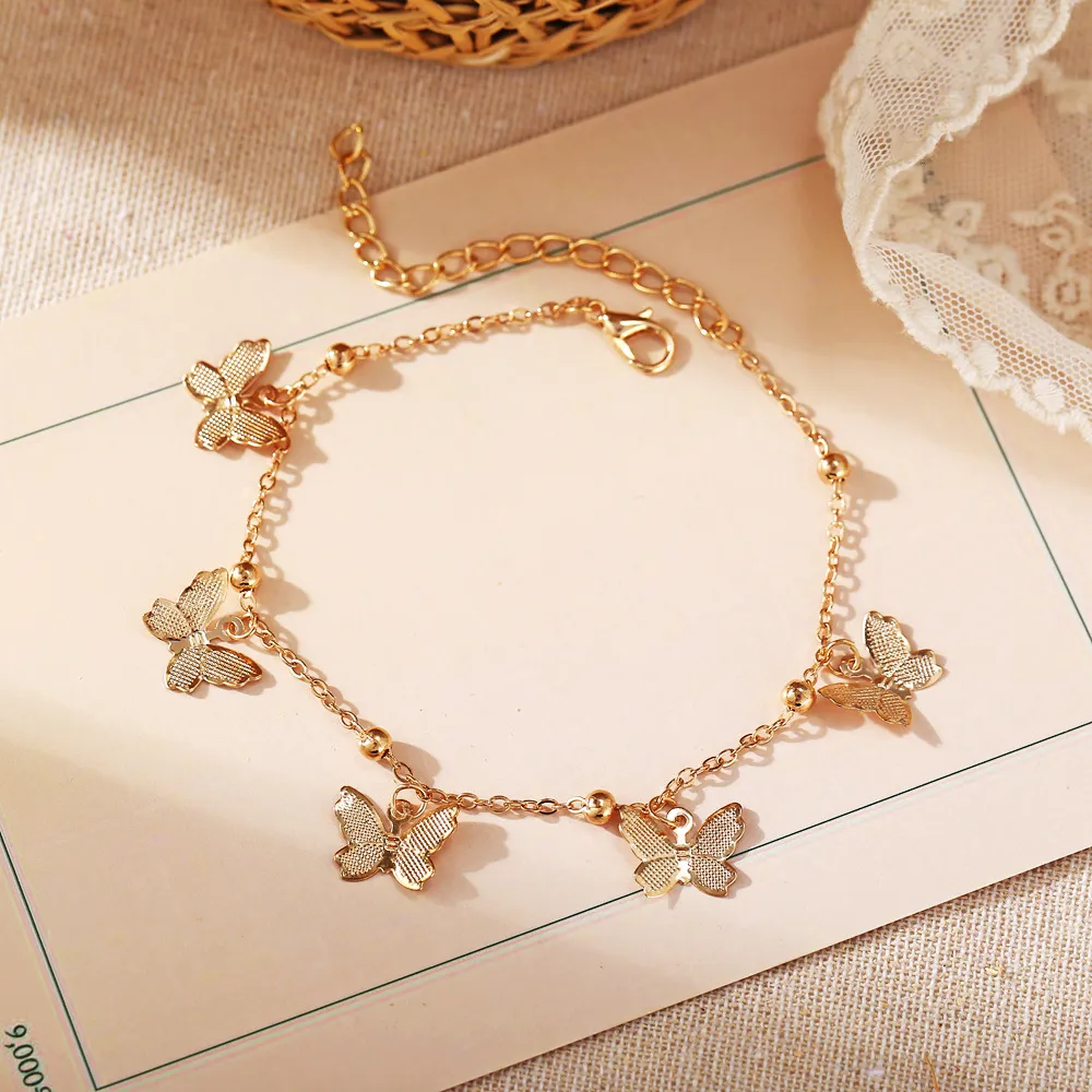 Hot Foot Smycken Temperament Hollow Butterfly Double Diamond Tassel Foot Chain Rose Gold Anklet Gold