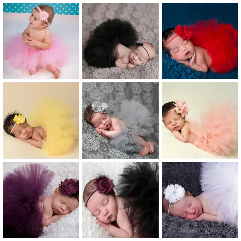 Nyfödda tutu kjolar tjejer klänningar huvudband 2st uppsättningar för fotografier baby prinsessa tutu kjol foto prop kostym outfits 18 mönster dw5812