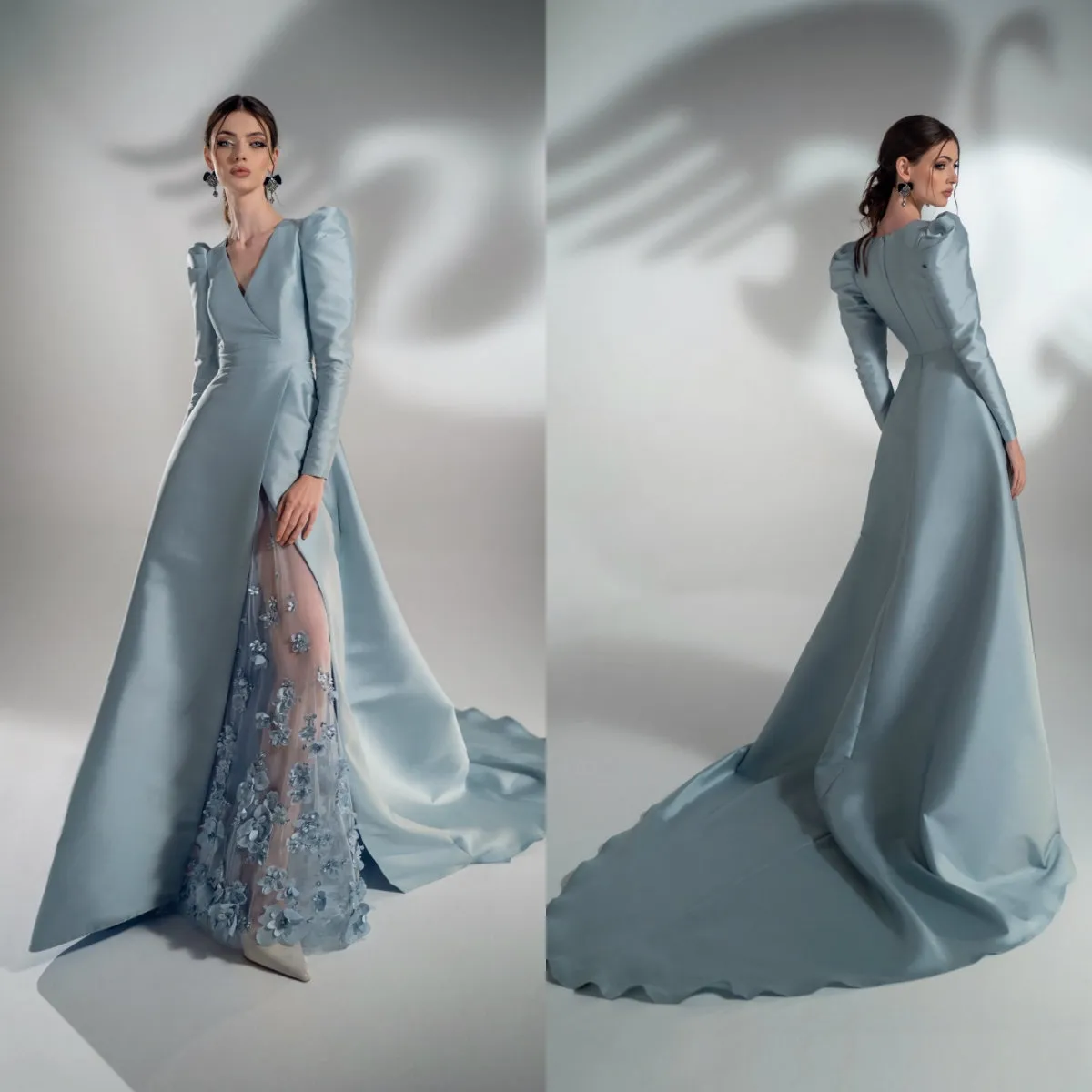 2021 Eleganta kvällsklänningar Satin V Neck Långärmad 3D Floral Appliques Prom Dress Side Split Celebrity Runway Fashion Grows