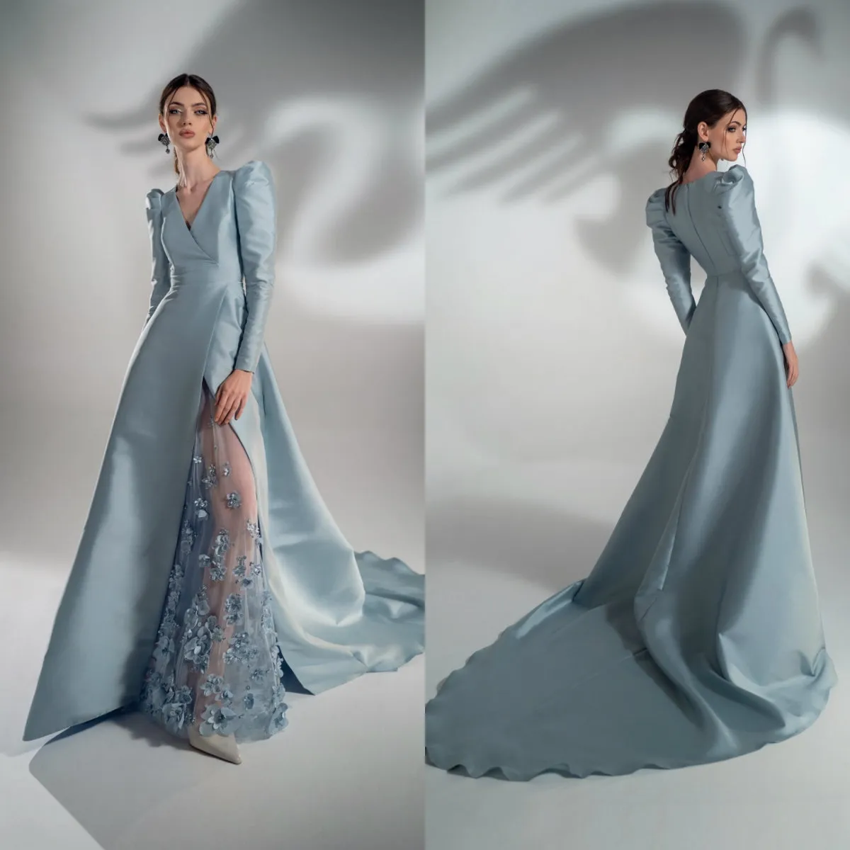 2021 Elegant Evening Dresses Satin V Neck Long Sleeve 3D Floral Appliques Prom Dress Side Split Celebrity Runway Fashion Gowns