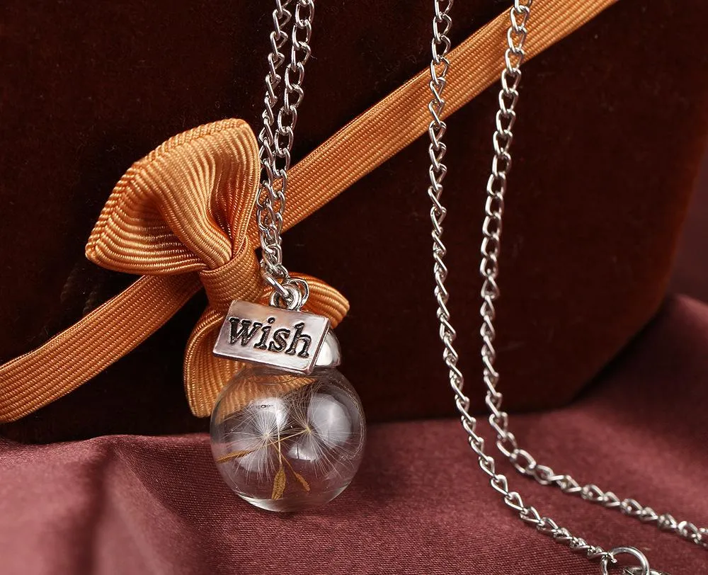 Collana con bottiglia di vetro Gioielli di tarassaco naturale Esprimi un desiderio Collana placcata in argento con sfera di perle di vetro