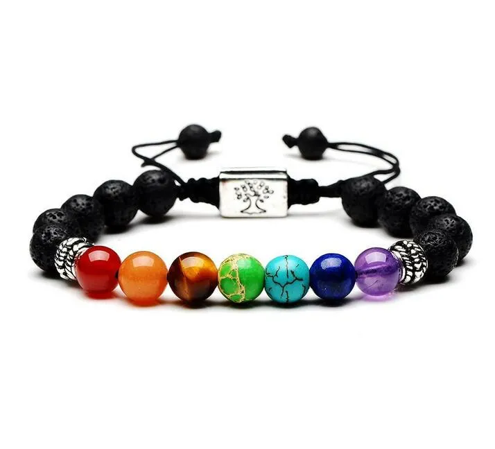 Yoga handgjorda 7 Chakra Beaded Strands Tree of Life Charm Armband Lava Stones Pärlor Rope Black Vulkaniska Sten Armband för Kvinnor Män