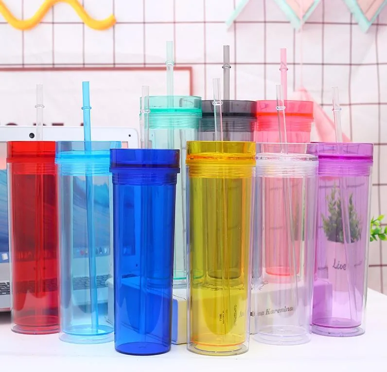 16oz Skinny Acrylic tumbler 16oz drinking cup with Lid and Straw 480ml Double Wall Clear Plastic Cup BPA Free straight