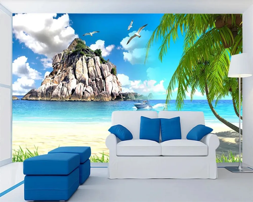 Fond d'écran 3D personnalisé 3D Seascape Fond d'écran Beau bord de mer Rocheuse Île Romantique Paysage Décoratif Silk Mural Fond d'écran