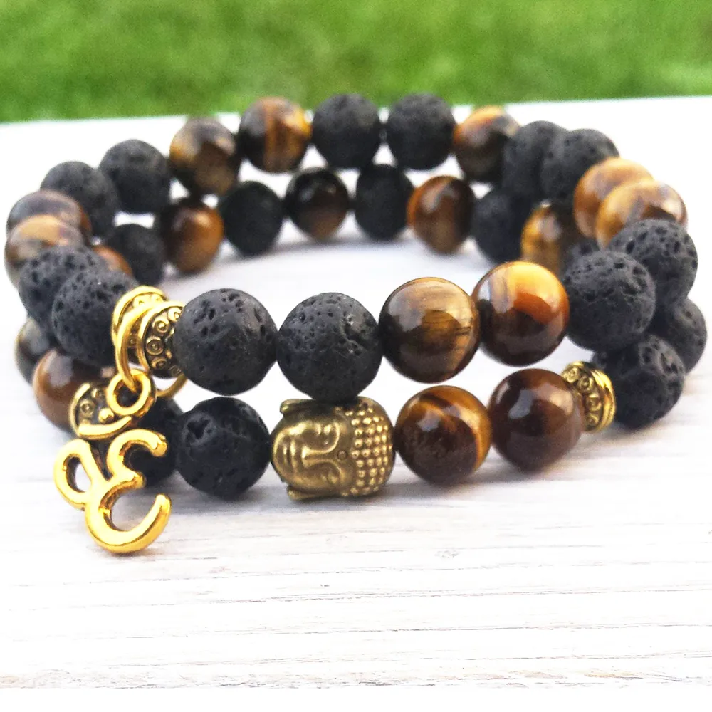 MG0770 Bouddha Charme Méditation Yoga Bracelet Oeil De Tigre Perle De Lave Bracelet Boho Om Charme Poignet Mala Bracelet Ensemble