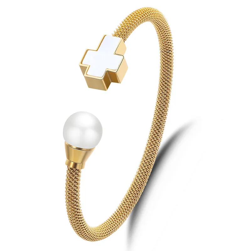 manera de las señoras blanco perla cruz encanto del oro alambre chapado en acero inoxidable brazalete pulsera brazalete