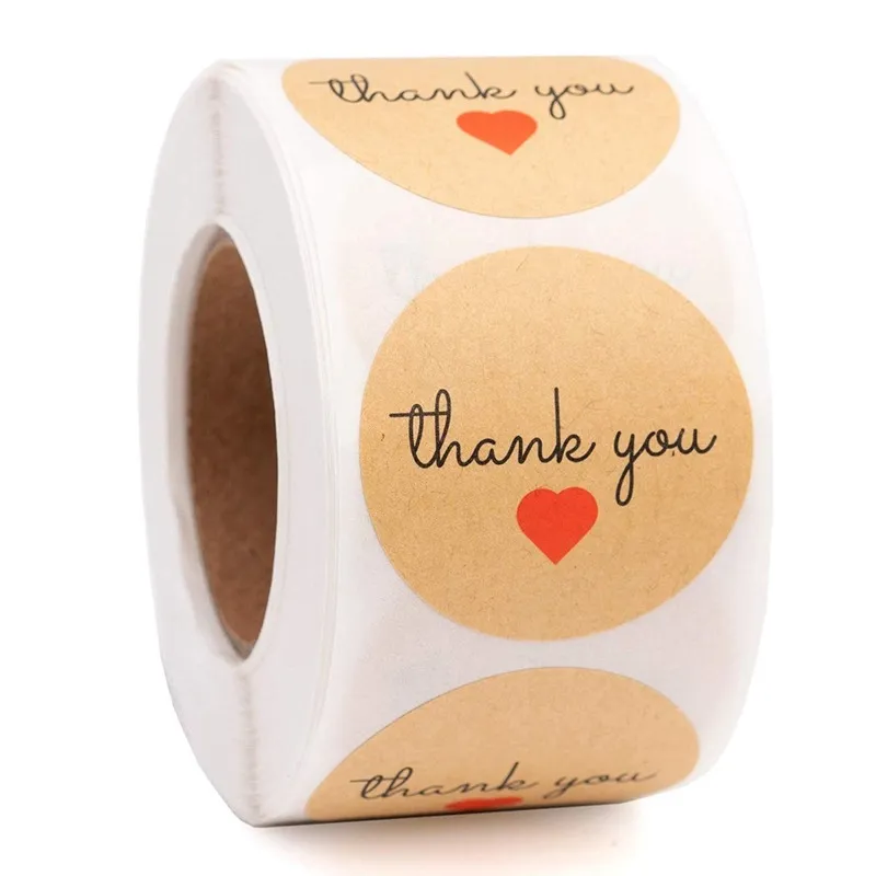 500pcs Roll 1inch Thank You Heart Kraft Label Adhesive Stickers Party Wedding Gift Bag Baking Envelope Decor