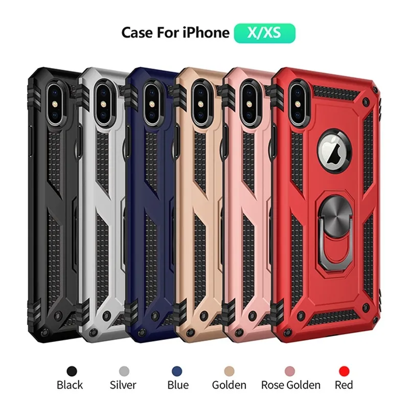 Armor Drop-Proof Soft TPU PC Case para iphone XS MAX X 10 XR 6 6S 7 8 Plus Protección completa a prueba de golpes Funda para teléfono Soporte para anillo de dedo