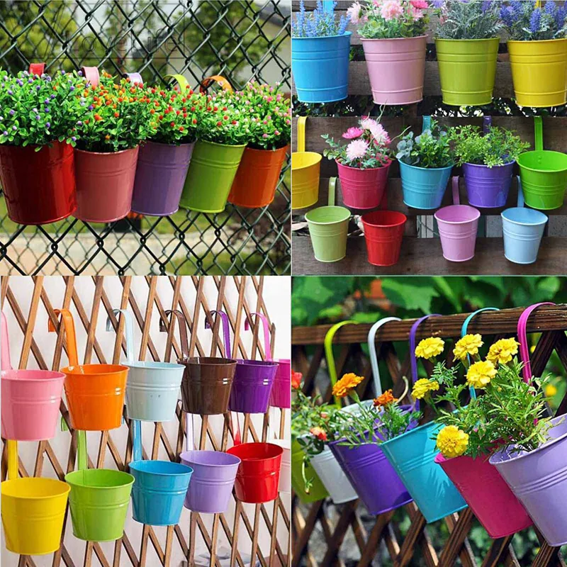 10pcs Multilcolor Metal Hanging Flower Pots Fence Hanging Plant Pots Garden Balcony Wall Vertical Hanging Bucket Holder Basket