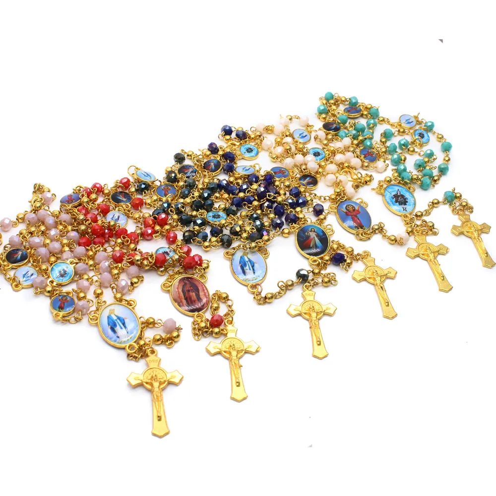 Hıristiyan Katolik Metal Boncuk Kristal tespih Çapraz kolye Din Aksesuarları Noel Hediyesi El yapımı