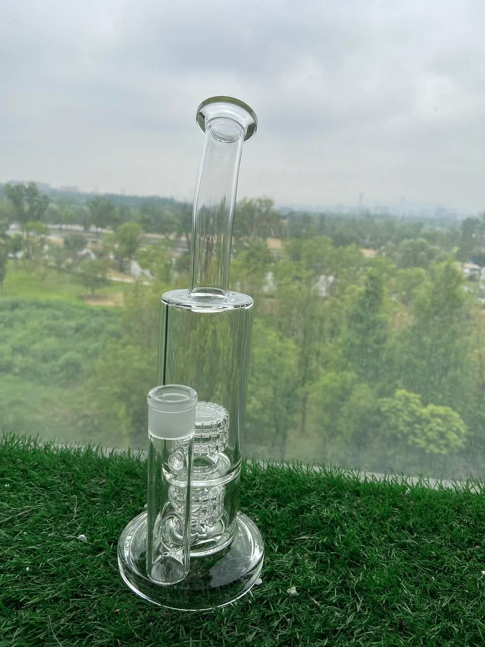 Glass bong Twin Cage Junior water smoking pipe 31.5cm tall 3-5mm thickness Bubbler