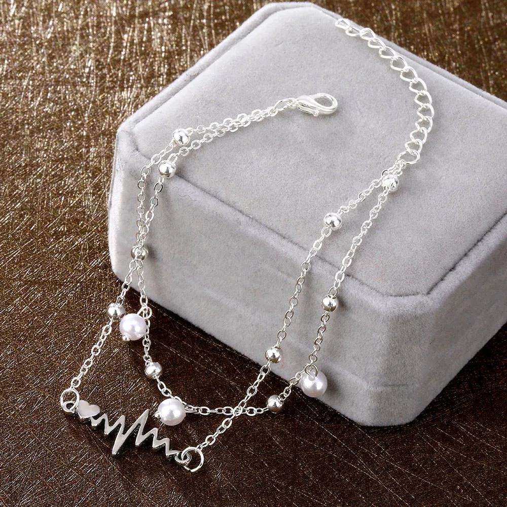 Braccialetto Piede Con Cuore Cavigliera Donna In Argento Placcato Con Cuore E Perline - Catenina Regolabile, Lunghezza 10 Pollici SKECHERS Arch FIT