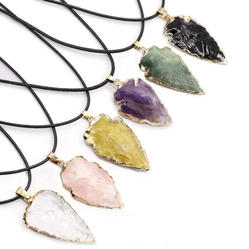 Wholesale Gold Plated Arrow Shape Rainbow Stone Pendant Rope Chain Necklace Rock Crystal Jewelry