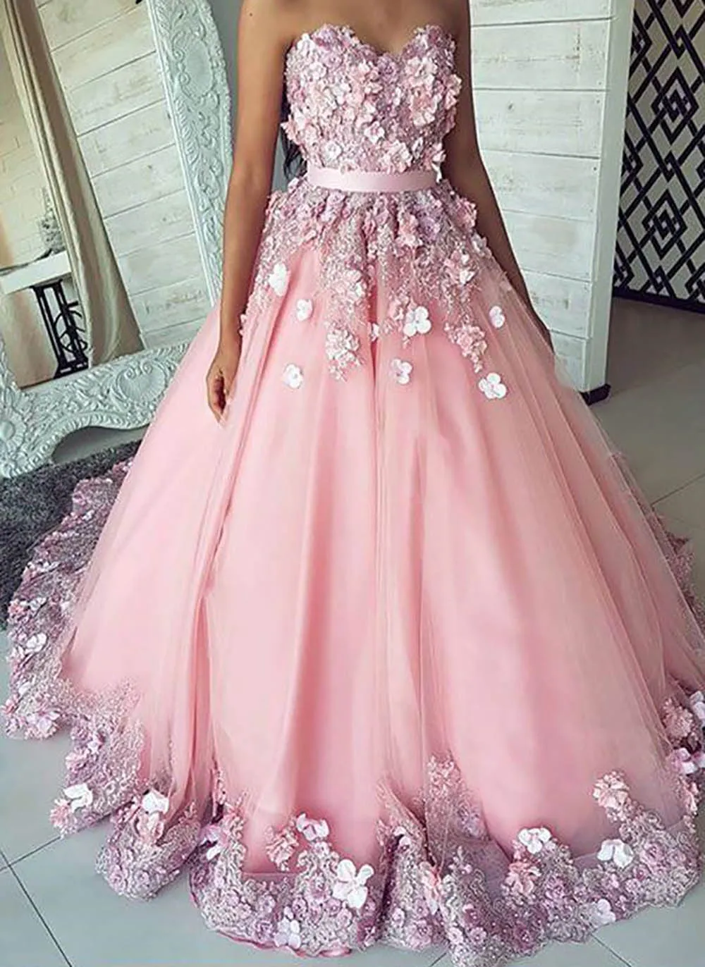 Rosa Long Prom Klänningar Med Beading Blommor Boll Klänning Tulle Appliques Lace Saudiarabiska Ava Kväll Klänning Abiye Gece Elbisesi