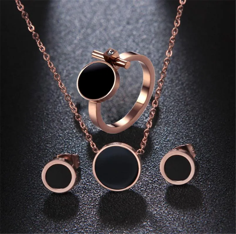 316L Titanium Steel Jewelry Set Rose Gold Black Enamel Ring Earrings Necklace Set